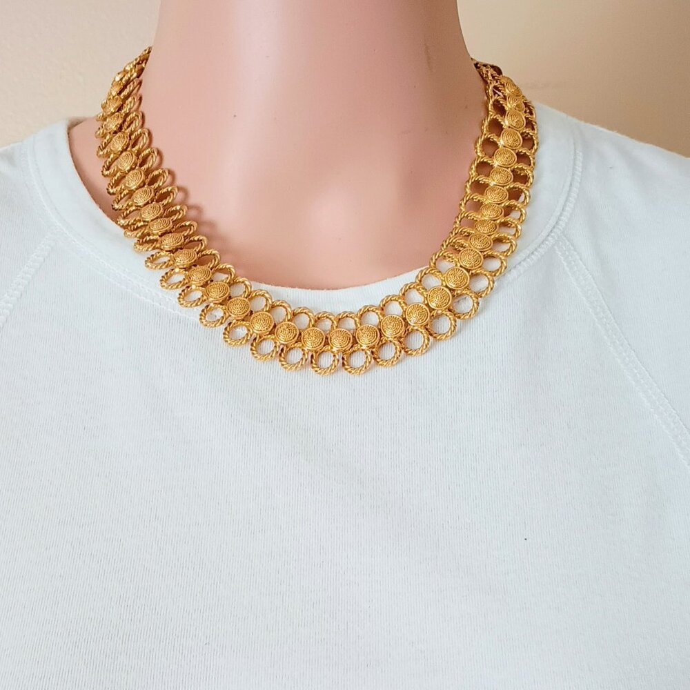 Gold Swirl Layered Collar Necklace 18" Open Work Spiral Link Statement Choker